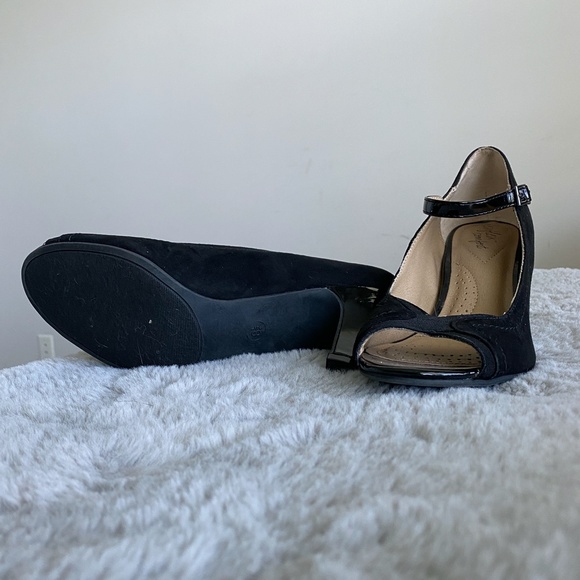 Dexflex Comfort Open Toe Black Tan High Heels - Picture 5 of 14
